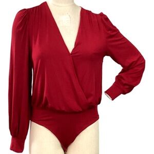 MIHOLL Red Puff Sleeve Wrap Bodysuit Women’s Size Medium